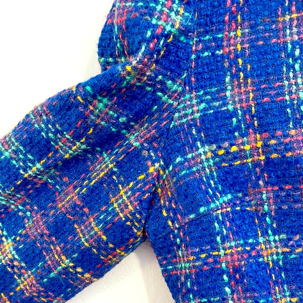 Vintage Bright Blue Plaid Neon Pink Green Business Fringe Blazer Suit Coat - Picture 3 of 14
